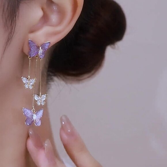 Women's Purple Tassel Style Zircon Lightweight Butterfly Crystal Dangle Earring - Picture 7 of 8